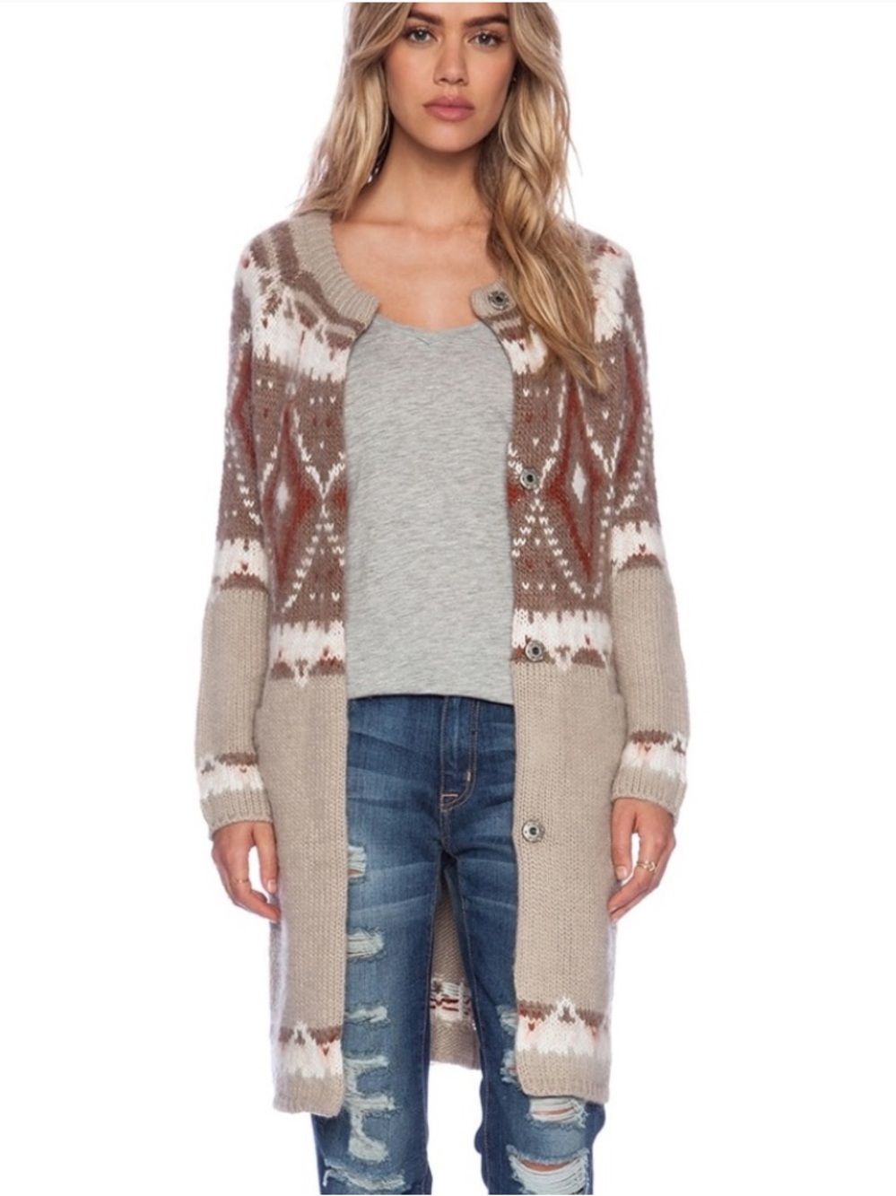 Free People | Women’s Earth Tones Frosted Fair Isle Open-Front Mohair Sweater S